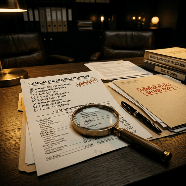 Financial due diligence checklist with magnifying glass