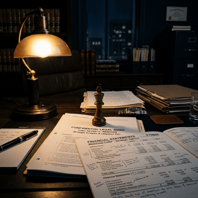 Lawyer desk with financial documents and strategic chess piece